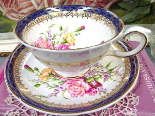 Royal Grafton tea cup and saucer pink Carnations cobalt blue gold gilt teacup 4