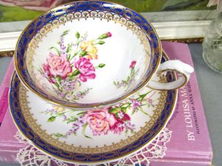 Royal Grafton tea cup and saucer pink Carnations cobalt blue gold gilt teacup 5