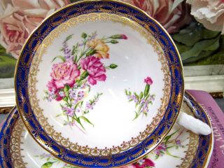 Royal Grafton tea cup and saucer pink Carnations cobalt blue gold gilt teacup 6