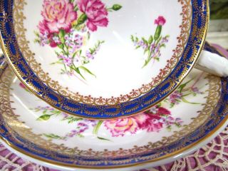 Royal Grafton tea cup and saucer pink Carnations cobalt blue gold gilt teacup 7