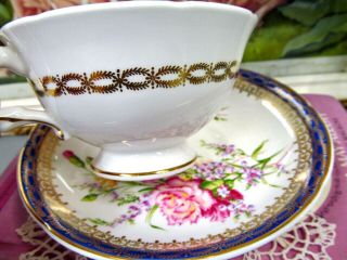 Royal Grafton tea cup and saucer pink Carnations cobalt blue gold gilt teacup 8