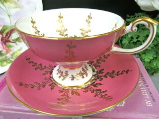 Aynsley Tea Cup And Saucer Pink & Gold Gilt Pedestal Teacup With Swan Handle