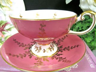 Aynsley tea cup and saucer pink & gold gilt pedestal teacup with swan handle 3