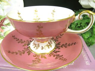 Aynsley tea cup and saucer pink & gold gilt pedestal teacup with swan handle 4