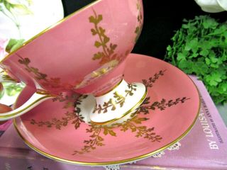 Aynsley tea cup and saucer pink & gold gilt pedestal teacup with swan handle 5