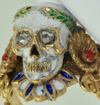 Wow Antique 18th C.  Georgian Memento Mori 18k Gold,  Enamel&diamonds Skull Ring