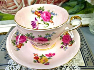 Aynsley Tea Cup And Saucer Peach With Flowers Roses Corset Shape Teacup 1920 