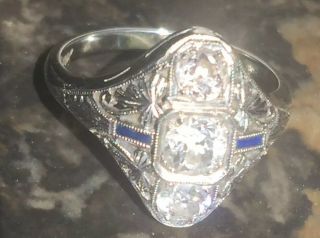 Antique 18k White Gold Diamond Sapphire Art Deco Filigree Ring Ladies 7