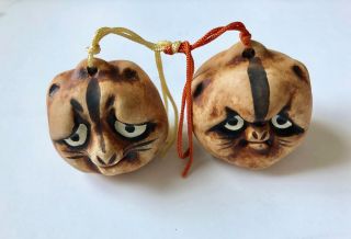 Japanese Clay Tanuki Raccoon Dog Bells Pair Rare Japan T3