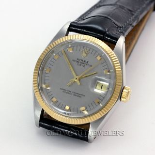 Rolex Vintage Date 1505 Silver Textured Dial Steel 18k Gold Fluted Bezel 1969