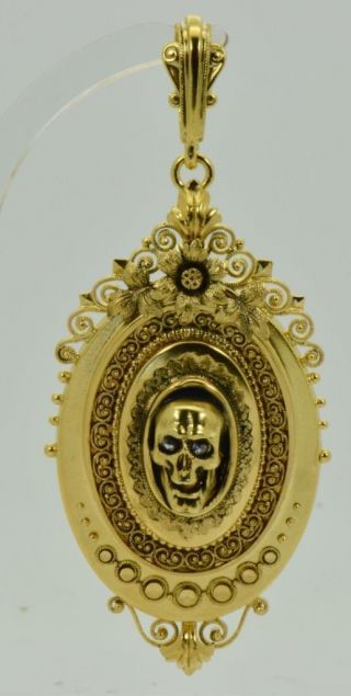 Antique Victorian 14k Solid Gold&diamonds Memento Mori Skull Locket Pendant
