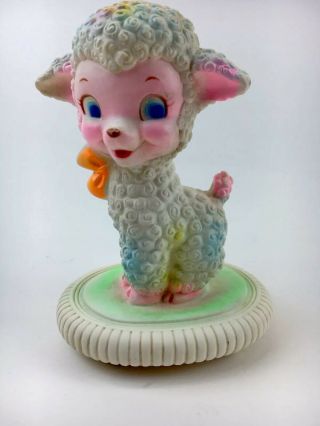 Vintage Sun Rubber Co?.  Lamb On Round Base Squeak Toy Blue Eyes Rare