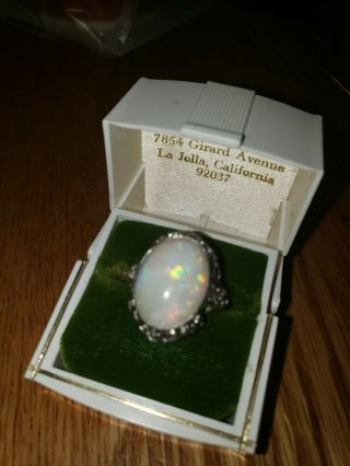 Exquisite Antique Fiery Opal 12k White Gold With Diamonds Cocktail Ring.