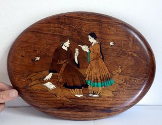 Delightful Vintage Inlaid Wooden Panel Depicting Male & Female Scene With Birds