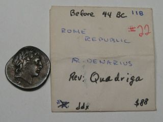 Ancient Coin: Before 44 BC Rome Republic Denarius.  Rev Quadriga.  22 2
