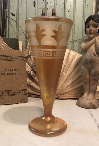 Vintage Art Glass Trumpet Vase Art Deco Deep Etched Greek Key Frosted Gold Palms