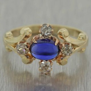 1880s Antique Victorian 14k Yellow Gold Cabochon Sapphire Diamond Cocktail Ring