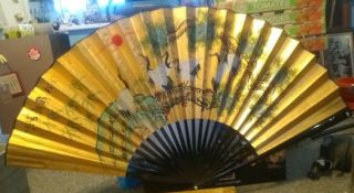 Large Japanese Hand Painted Fan Wall Decor Heron (birds) Mt.  Fuji 53 "