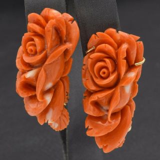 Vintage 14K Yellow Gold Red Coral Carved Rose Flower Omega Back Earrings 26.  6 G 2