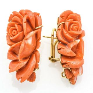 Vintage 14K Yellow Gold Red Coral Carved Rose Flower Omega Back Earrings 26.  6 G 4