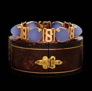 Antique Vintage Art Deco 18k 22k Gold Bullet Cabochon Blue Chalcedony Bracelet