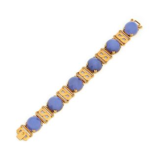 Antique Vintage Art Deco 18k 22k Gold Bullet Cabochon Blue Chalcedony Bracelet 3