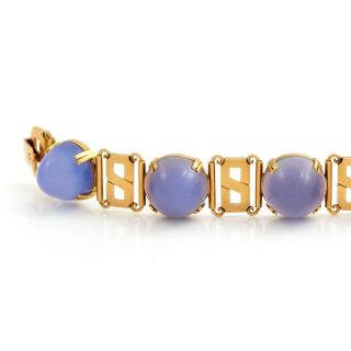 Antique Vintage Art Deco 18k 22k Gold Bullet Cabochon Blue Chalcedony Bracelet 7