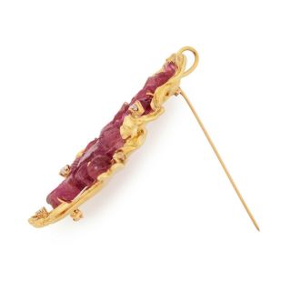 Antique Vintage Deco 18k Yellow Gold Chinese Tourmaline Diamond HUGE Pin Brooch 4