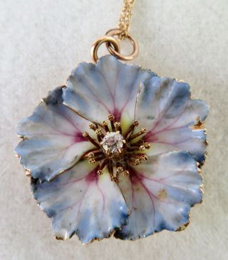 Antique Victorian Diamond & Enamel Pansy Flower Pendant Brooch Necklace 14k Gold