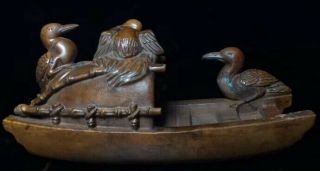 Old Tibet Collectable Boxwood Handwork Carve By Boat Swan Duck Decor Statue Art 8