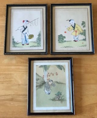 Set Of Chinese Hand Painted Watercolour On Silk Paintings With Red Seal Mark