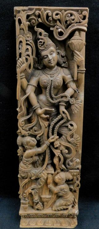Antique Ancient Relief Wood Temple Carving Hindu Lakshmi Vishnu Shiva Indian