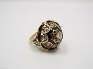 Vintage 14k Yellow Gold,  Black Enamel & Diamond Princess Style Dome Ring,  6.  5