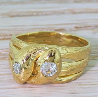 Victorian 0.  30ct Old Cut Diamond Double Serpent / Snake Ring - 14k Gold - C 1900