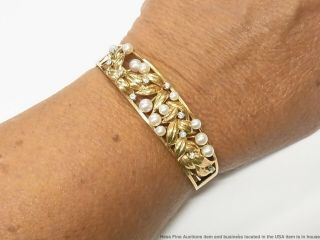Cultured Akoya Pearl Diamond 14k Gold Bracelet 27.  6gr Vintage Midcentury Bangle 12