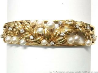 Cultured Akoya Pearl Diamond 14k Gold Bracelet 27.  6gr Vintage Midcentury Bangle