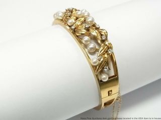 Cultured Akoya Pearl Diamond 14k Gold Bracelet 27.  6gr Vintage Midcentury Bangle 7