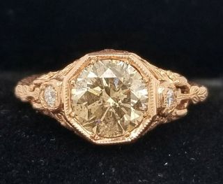18k Rose Gold Vintage Filigree Ring Natural Deep Champagne Diamond 1.  92ct