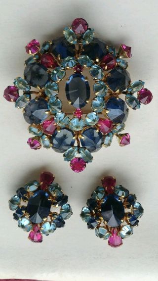 Vintage 2.  5 " Signed Schreiner Blue And Pink Rhinestone Dome Brooch And Earrings
