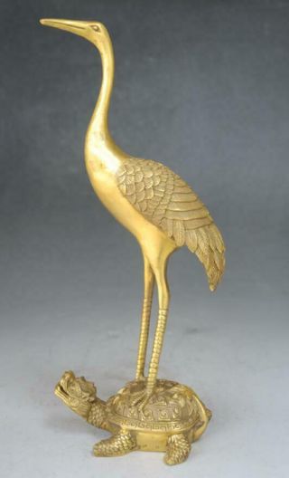 Chinese Old Brass Dragon Turtle Tortoise Red - Crowned Crane Bird Lucky Statue E01