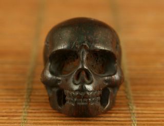 Chinese Old Yak Horn Hand Carving Skull Bead Statue Figue Netsuke Noble Gift