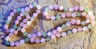 Antique CHINESE Vintage ICY White Green Jade pink quartz Beaded Necklace 2