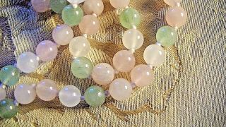 Antique CHINESE Vintage ICY White Green Jade pink quartz Beaded Necklace 3
