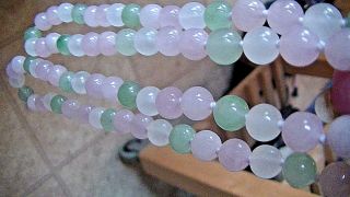 Antique CHINESE Vintage ICY White Green Jade pink quartz Beaded Necklace 5