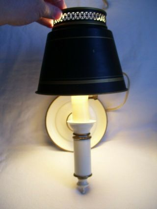 Vintage Tole Lamp Wall Sconce White With Gold Trim W/black Shade