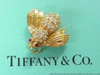 Tiffany Co 18k Gold Fine Diamond Bee Pin Natural Ruby Insect Brooch