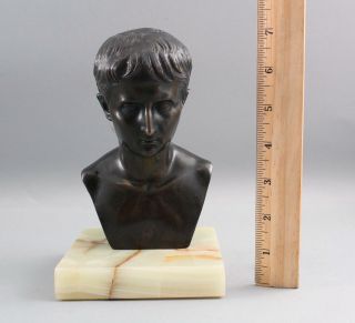 Small Antique Grand Tour Period Ancient Roman Young Man Bronze Bust Sculpture 3