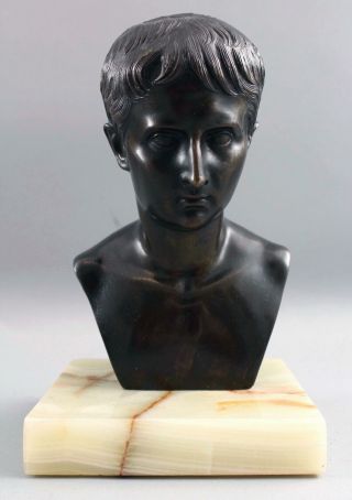 Small Antique Grand Tour Period Ancient Roman Young Man Bronze Bust Sculpture 4