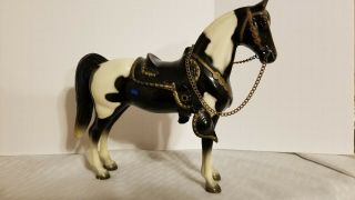 Vintage Molded Plastic Horse Black White Removable Saddle Brass Chain Mid - Cent