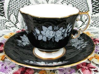 Aynsley Black With White Enamel Roses Embossed Tea Cup And Saucer